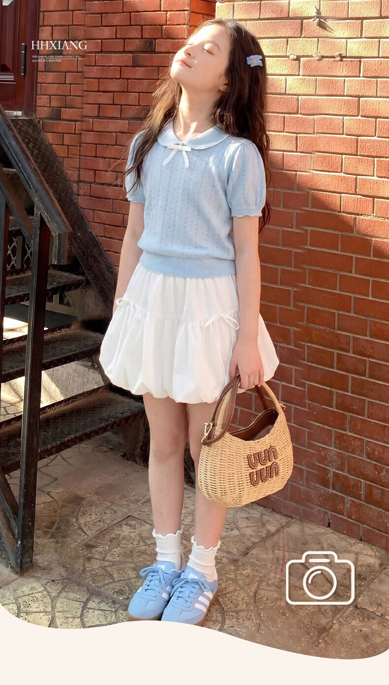 Moonkids Girls Summer Set 2026 New Korean Style Children's Summer Polo Shirt and Flower Bud Skirt Big Kids Summer Outfit 1